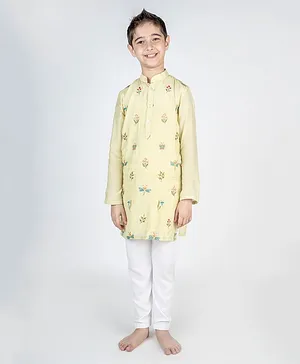 MR.BRAT Full Sleeves Muslin Floral Printed Kurta Pyjama Set - Lime Green
