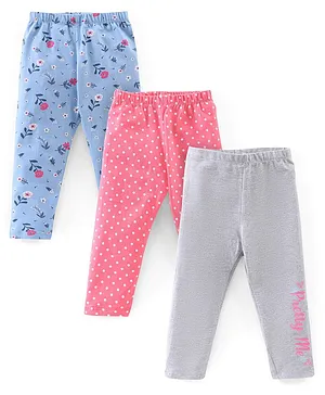 Babyhug Cotton Lycra Knit Full Length Stretchable Legging Floral Print Pack of 3 - Grey Pink & Blue