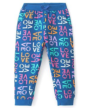 Babyhug Cotton Looper Knit Full Length Lounge Pant Love Printed - Blue