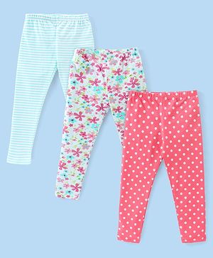 Babyhug Cotton Lycra Full Length Polka Dots & Floral Printed Leggings Pack of 3 - Multicolour