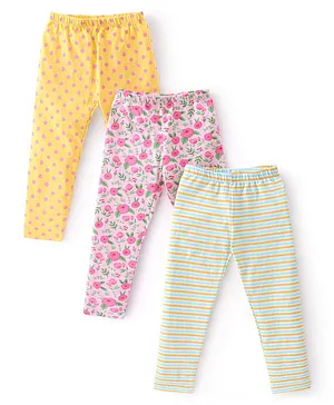 Babyhug Cotton Lycra Full Length Leggings Stripes & Floral Print Pack of 3- Green Pink & Yellow
