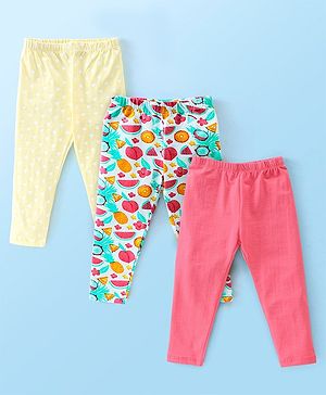 Babyhug Cotton Lycra Full Length Leggings Fruits & Polka Dots Printed Pack of 3 - Yellow Blue & Pink