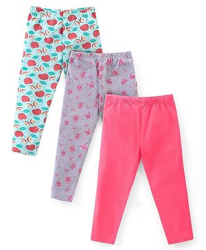 Babyhug Cotton Lycra Full Length Solid & Floral Printed Leggings Pack of 3 - Multicolour