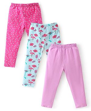 Babyhug Cotton Lycra Full Length Leggings Hearts Printed Pack of 3 - Pink Blue & Lilac