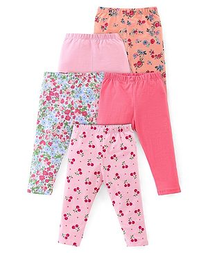 Babyhug Cotton Lycra Knit Full Length Leggings Floral & Fruity Print Pack of 5 - Pink Blue & Peach