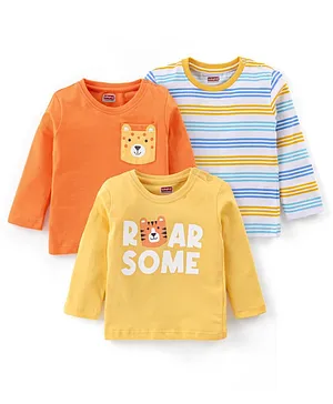 Babyhug Cotton Full Sleeves Striped Tees with Tiger Graphics Pack of 3 - Multicolor