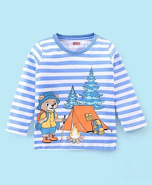 Babyhug Cotton Knit Full Sleeves T-Shirt Stripes & Bear Graphics - Blue