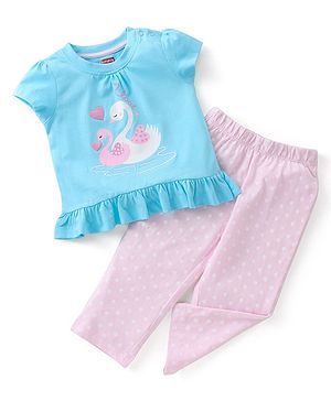 Babyhug Cotton Knit Half Sleeves Swan Printed Night Suit - Blue & Pink