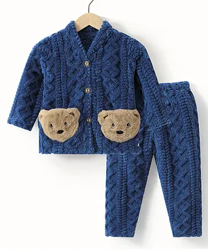 Kookie Kids Full Sleeves Winter Wear Night Suit With Teddy Applique - Navy Blue