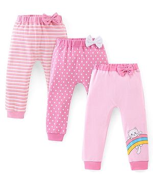 Babyhug Single Jersey Knit Full Length Diaper Legging Kitty Print Pack Of 3 - Pink