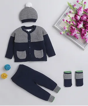 Yellow Apple Full Sleeves Sweater Set Striped with Cap & Booties - Blue