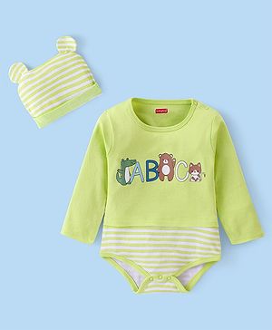 Babyhug 100% Cotton Full Sleeves Onesies With Cap Stripes & Dino Print- Green