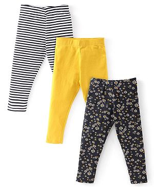 Babyhug Cotton Lycra Knit Full Length Leggings Floral Printed Pack of 3 - Yellow & Grey