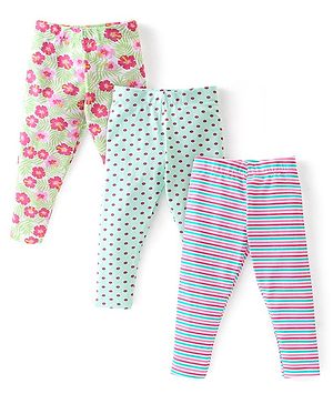 Babyhug Cotton Lycra Knit Full Length Leggings Floral Printed Pack of 3 - Blue