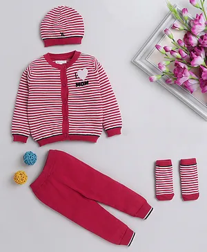 Yellow Apple Full Sleeves Sweater Set Striped with Cap & Booties - Red