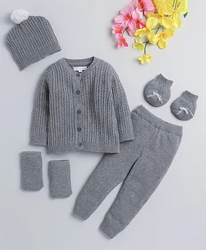 Yellow Apple Full Sleeves Sweater Set Striped with Cap Mittens & Booties - Grey