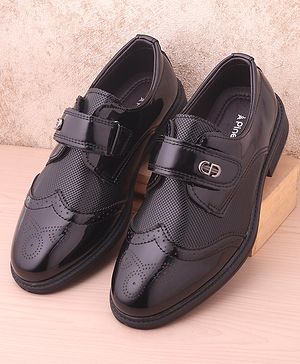 Pine Kids Textured & Appliqued Formal & Party Wear Shoes with Velcro Closure - Black