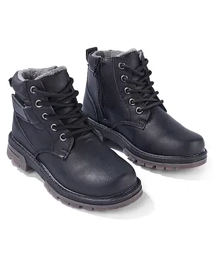 Pine Kids Slip On Winter Boots with Side Zipper & Velcro Closure - Black