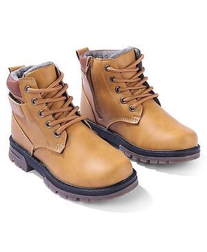 Pine Kids Slip On Winter Boots with Side Zipper & Velcro Closure - Brown