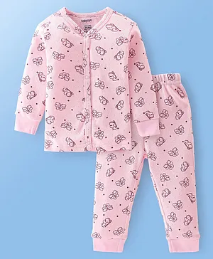 Babyoye Cotton Modal Full Sleeves Pointelle Thermal Vest & Pajama Set with Butterflies Print - Pink