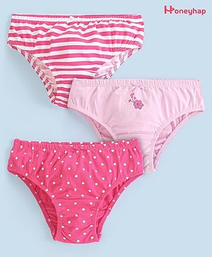 Honeyhap Premium Cotton Elastane Super Soft Stretchable Panties with Bio Finish Stripes & Polka Dot Print Pack of 3 - Pink & White