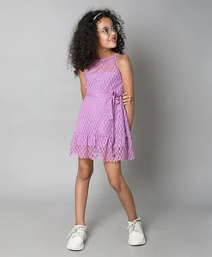 Taffy Sleeveless Halter A-Line Lace Dress with Tie Up Belt - Purple
