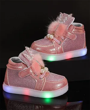 PASSION PETALS Bunny Ear & Pom Pom Applique Detailed Slimmer LED Shoes -Pink