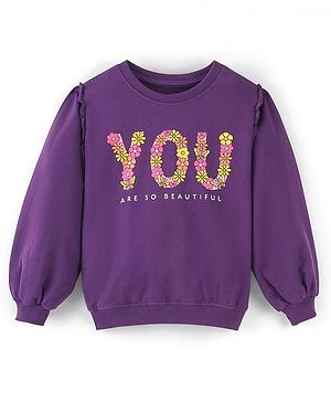 Pine Kids Balloon Sleeves Round Neck Biowashed Sweatshirt Puff Print - Acai Purple