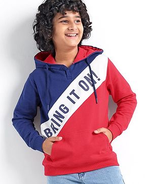 Pine Kids Full Sleeves Hooded Biowashed Sweatshirt Text Print - Blue & Red
