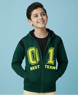 Pine Kids Cotton Knit Full Sleeves Hooded Bio Washed Basic Sweat Jacket With Text Print - Aventurine