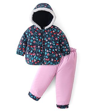 Babyhug Woven Full Sleeves Winter Wear Suits With Floral Print - Blue & Pink