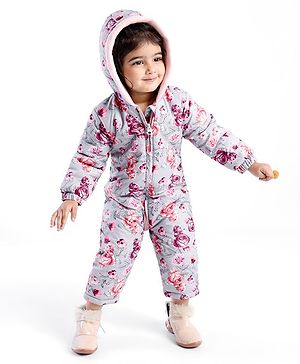 Babyhug Woven Full Sleeves Winter Wear Hooded Romper with Front Zipper Floral Print - Purple & Pink