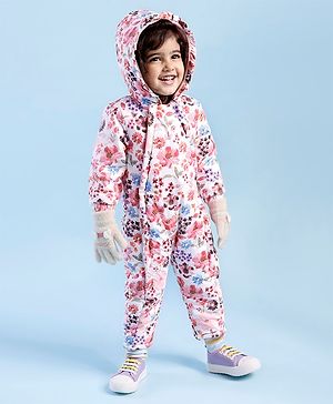 Babyhug Woven Full Sleeves Winter Wear Hooded Romper Floral Print - Multicolour