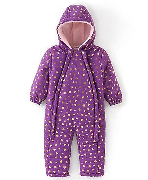 Babyhug Woven Full Sleeves Heart Foil Print Winter Wear Hooded Romper - Peach