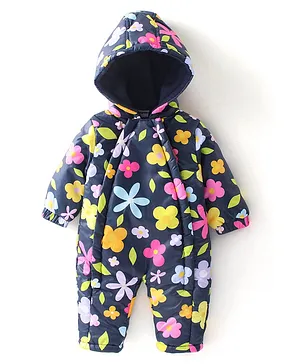 Babyhug Woven Full Sleeves Winter Wear Hooded Romper with Floral Print - Navy Blue