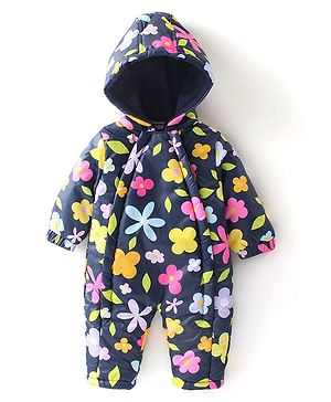 Babyhug Woven Full Sleeves Winter Wear Hooded Romper with Floral Print - Navy Blue