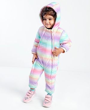 Babyhug Woven Full Sleeves Striped Winter Wear Hooded Romper - Multicolour