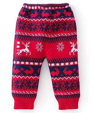 Babyhug Full Length Fleece and Woollen Pant with Reindeer Design - Red & Navy Blue