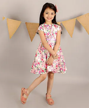 KIDSDEW Cap Sleeves Cotton Lining Floral Printed Fit & Flare Dress - White