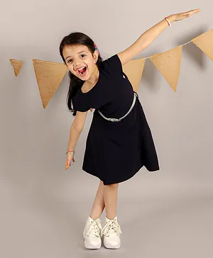 KIDSDEW Cap Sleeves Crepe Cotton Lining Fit & Flare Dress with Belt - Navy