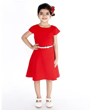 KIDSDEW Cap Sleeves Crepe Cotton Lining Fit & Flare Dress with Belt - Red