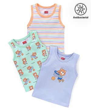 Babyhug 100% Cotton Antibacterial Vests Teddy Print Pack Of 3 - Green & Purple