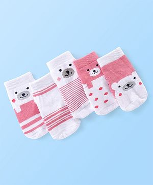Cute Walk by Babyhug Anti Bacterial Ankle Length Teddy Design Socks Pack of 5 - Pink & White