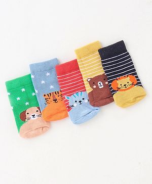 Cute Walk By Babyhug Non Terry Anti Bacterial Ankle Length Socks Animals Print Pack Of 5 - Multicolour