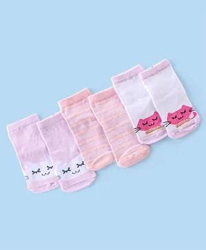 Cute Walk By Babyhug Non Terry Anti-Bacterial Ankle Length Socks Kitty Print Pack Of 3 - Pink