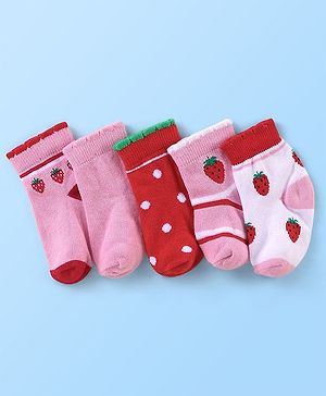 Cute Walk By Babyhug Anti Bacterial Non Terry Ankle Length Strawberry Print Socks Pack Of 5 - Pink & Red