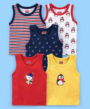 Babyhug 100% Cotton Antibacterial Sleeveless Sando Vests Stripes & Penguin Print Pack of 5- Blue Red & Yellow
