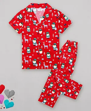 Sheer Love Half Sleeves Santa Printed Night Suit -Red