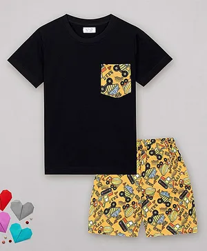 Sheer Love Half Sleeves All Over Construction Vehicles Printed Tee With Coordinating Shorts - Black