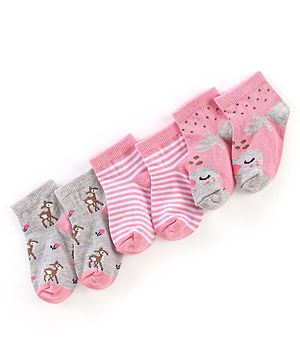 Cute Walk by Babyhug Anti Bacterial Ankle Length Socks Deer Design Pack Of 3 - Multicolour